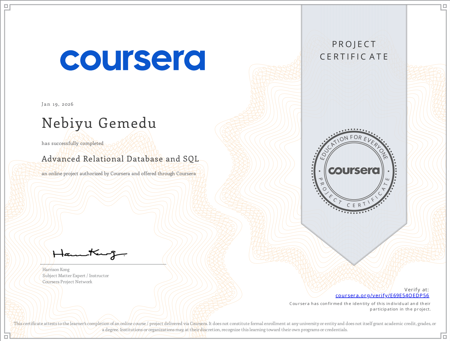 Advanced Relational Database & SQL certificate
